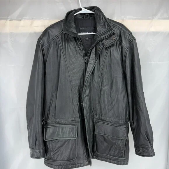 London Fog Men M Leather Jacket Full Zip Black Long Sleeve Lined Outdoor Layer