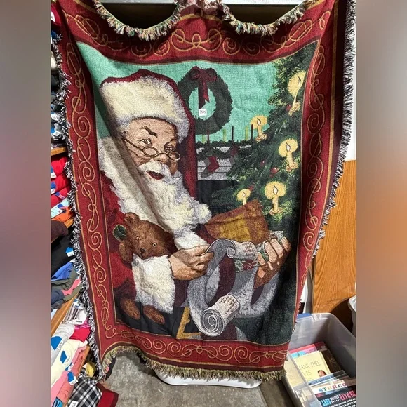 #3545-Holiday Santa Throw Blanket - Red/Green Christmas Decor