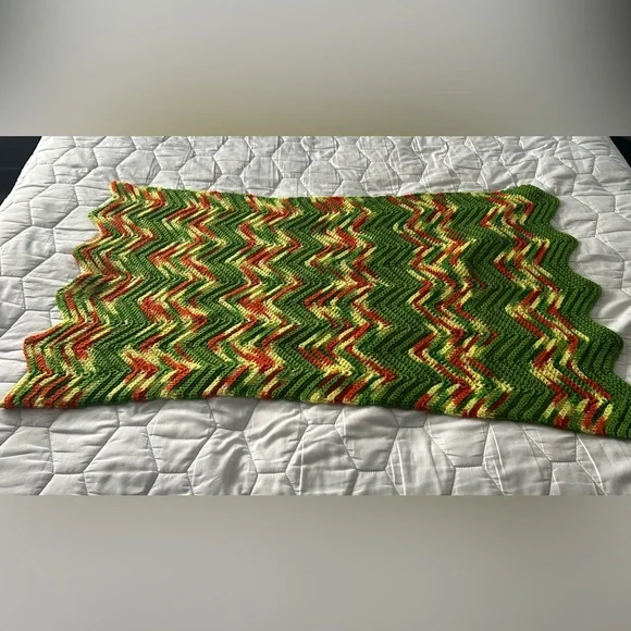 Unique Handmade Green Rust Orange Yellow Afghan Blanket Throw Zigzag Waves
