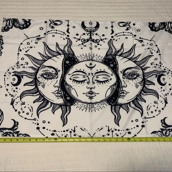 White And Black Tapestry Moon Plases Sun Solar Face Star Floral Ray Eclipse Half