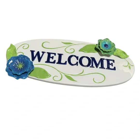 Ceramic Floral Welcome Sign - Blue and Green
