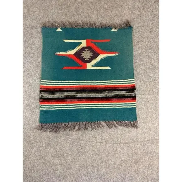 Vintage Chimayo Wool Textile Woven Mat Runner Blue Red