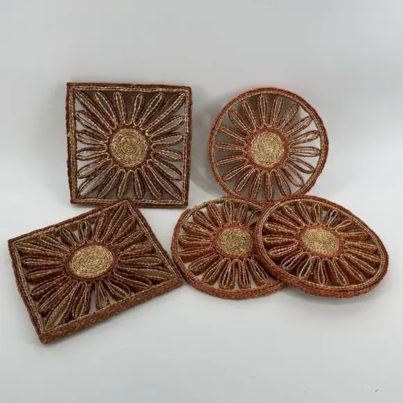 SET OF 5 Vtg woven raffia trivets boho-style kitchen hot pads/ wall decor #TM225