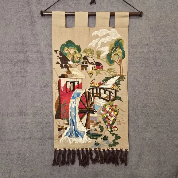 Vintage Wall Hanging Hand Embroidered Farm, Floral and Mill Scene 1960’s