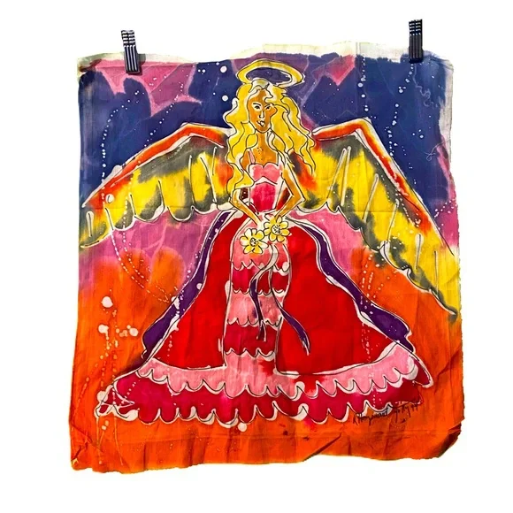 Vintage Batik Hand Dyed Tapestry Wall Art Angel Wings Halo Flowers Woman 90s