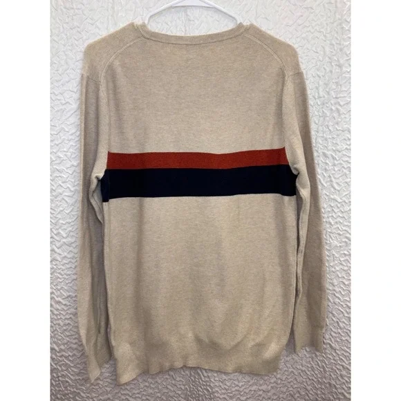 J. Crew Men's Crew Neck Sweater Beige Red Navy Stripe Size Medium