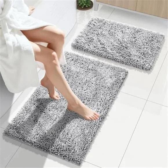 Bathroom Rug Set 2 Piece Soft Shaggy Non Slip Absorbent Bath Mats Light Grey