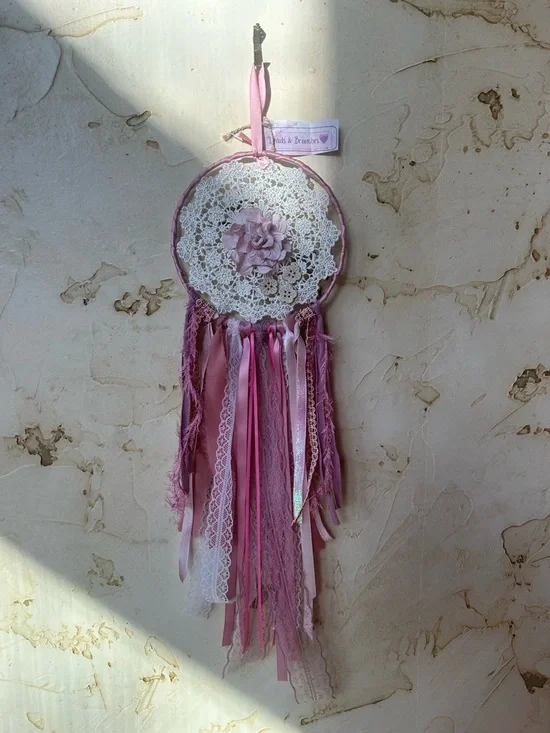 NWT Handcrafted Boho Dreamcatcher Wall Hanging Dusty Rose Lace She Shed Nursery