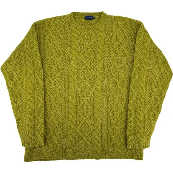 VTG Mens Lime Green J. Crew Wool Chunky Fisherman Cable Knit Crewneck Sweater LT