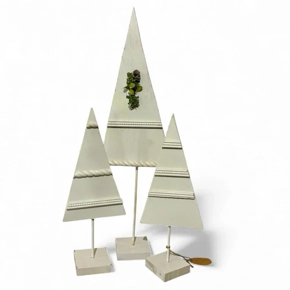 Handmade Wood Holiday Tree Set of 3 Trimmed in Molding Painted White 13 inches