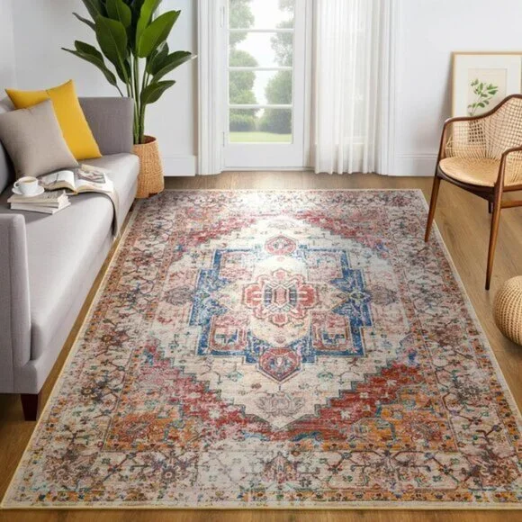 New 5x8 Orange Area Rug, Washable Low Pile Vintage Carpet for Room Decor