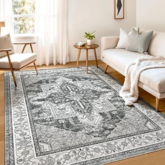New 6x9 Gray Boho Area Rug, Washable Non-Slip Low Pile Carpet for Home & Office