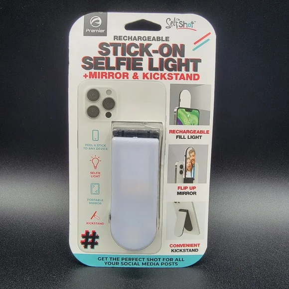 Stick On Selfie Light with Mirror & Kickstand Rechargeable 3 Led Light Modes New