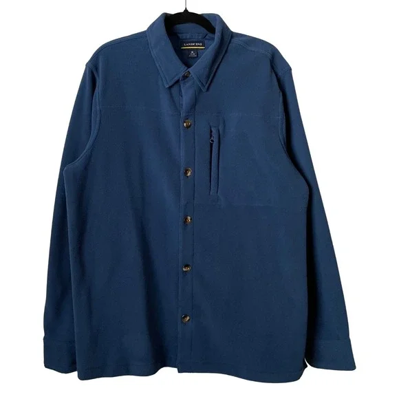 Lands End Shirt Jacket Mens Medium Blue Fleece Button Up Long Sleeve Shacket‎