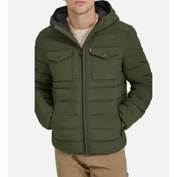 NWOT Levi's Men's Hooded 2 Chest Pocket Puffer Jacket Olive Mens Sz L Outdoor
