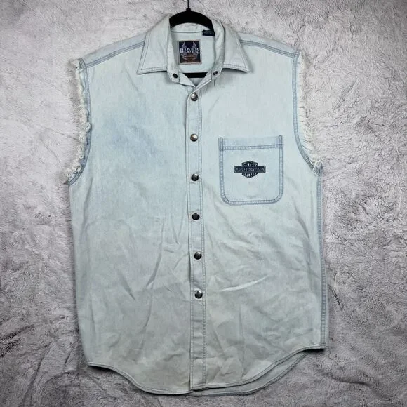 Harley Davidson Biker Blues Vest Mens Small Blue Sleeveless Snaps Denim Vintage