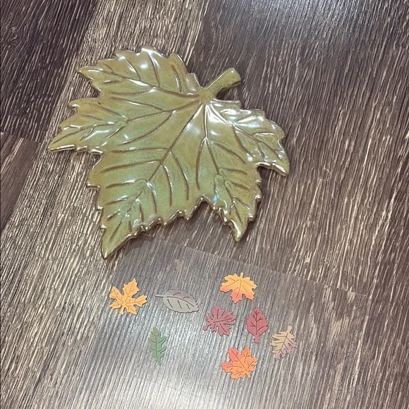 Fall Decor glass leaf plate with small wooden leaf cutouts