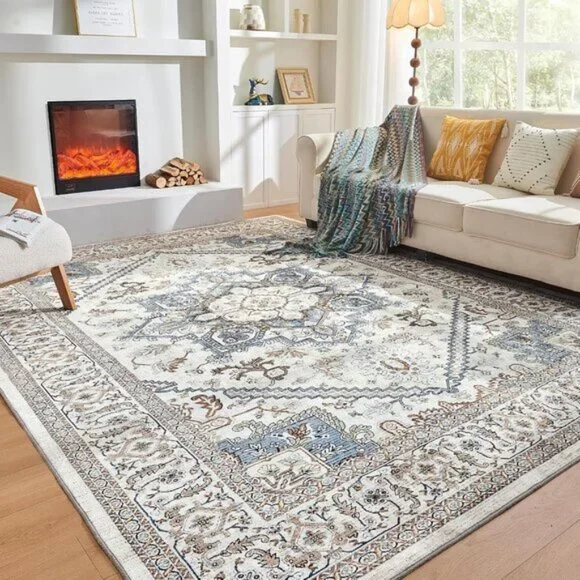 New 5x7 Soft Washable Rug, Low-Pile Faux Cashmere Carpet in Grey & Ivory Cream