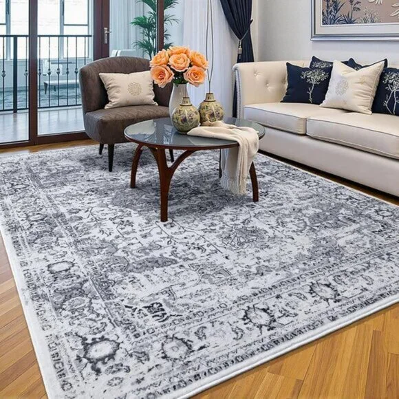 4x6 Grey Washable Area Rug, Soft Vintage Floral Low Pile Carpet for Room Decor