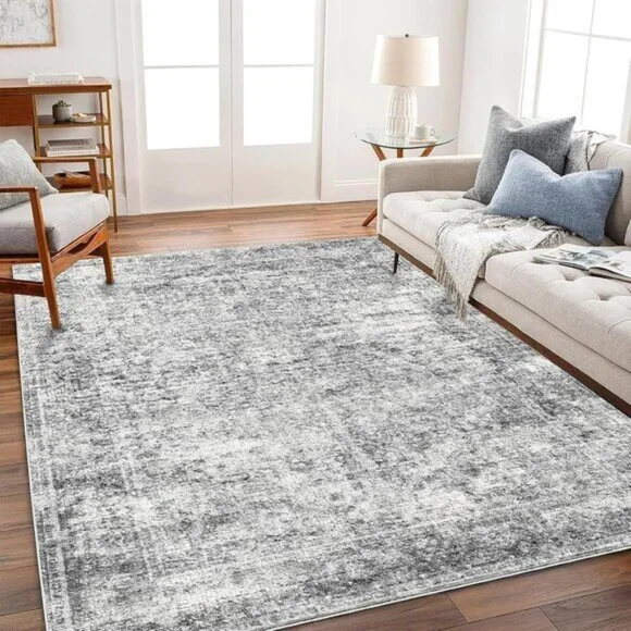 New 5x7 Gray Washable Area Rug, Vintage Floral Non-Slip Thin Accent Carpet