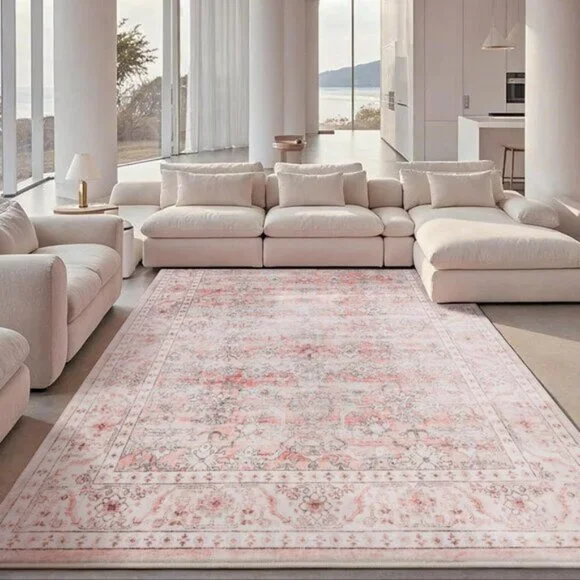 New 6x4 Vintage Pink Rug, Low Pile Non-Slip Washable Carpet for Home, Room Decor