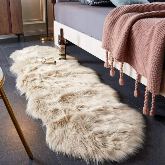 New 2x6 Beige Faux Fur Rug, Ultra Soft Shaggy Sheepskin Chair Cover for Bedroom