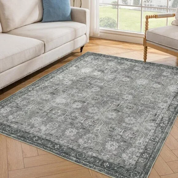New 5x7 Grey Washable Area Rug, Soft Floral Vintage Carpet for Home & Room Decor