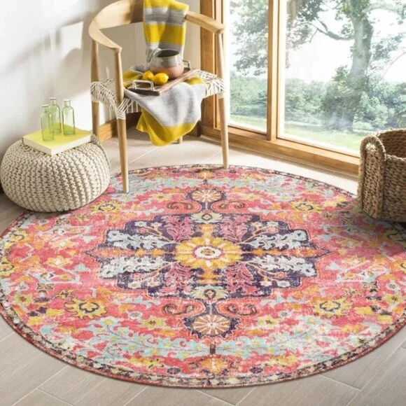 New 4Ft Hot Pink Round Rug, Floral Washable Carpet for Any Indoor Space
