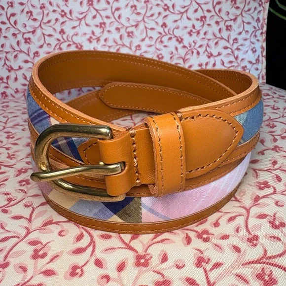 J. Crew Tan Madras Plaid Belt with Brass Buckle