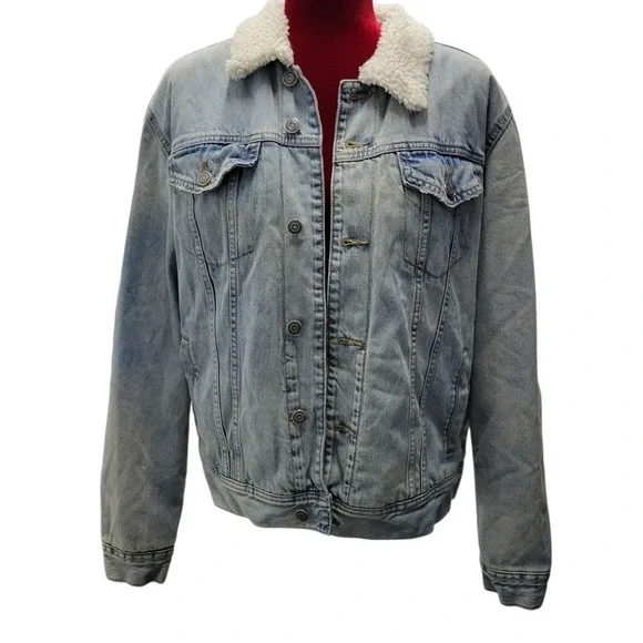Old Navy Denim Trucker‎ Jacket LG Fleece Sherpa Lined Light Wash button up E302