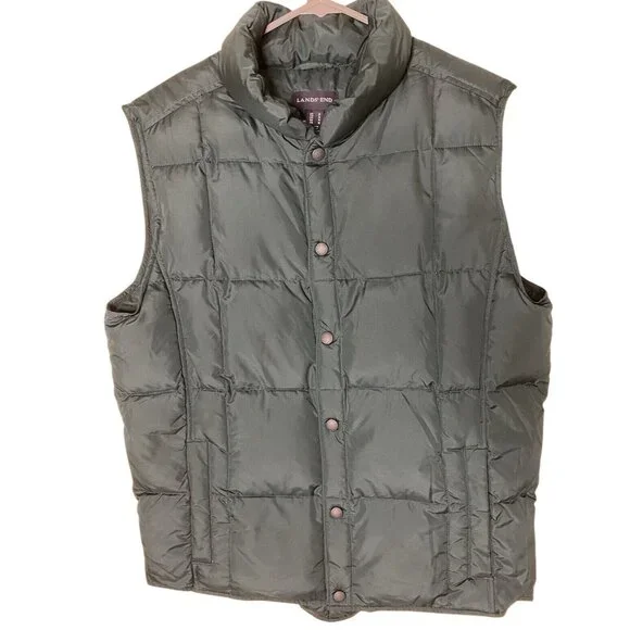 Lands’ End Down Puffer Vest Men’s S Olive Green Snap Front Quilted