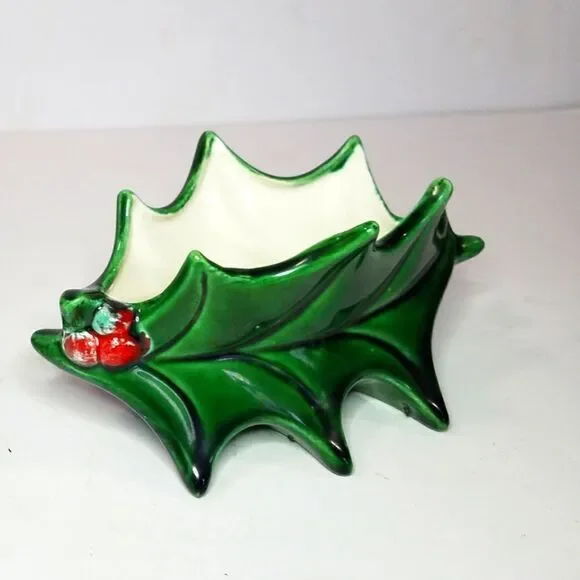 1980s Vintage Atlantic Mold Ceramic Christmas Holly Berry Small Bowl Dish