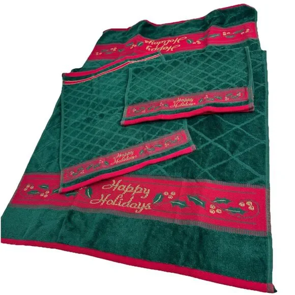 Set 3 Vintage Christmas Embroidered Bath Towel & Wash Rags 100% Cotton Holidays