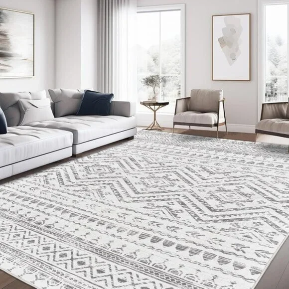 New 8x10 Grey Moroccan Rug, Washable Non-Slip Low Pile Carpet for Any Room
