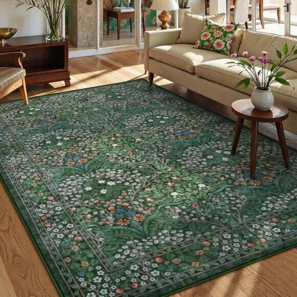 New 5x7 Dark Green Floral Rug, Washable Non-Slip Carpet for Home & Room Decor