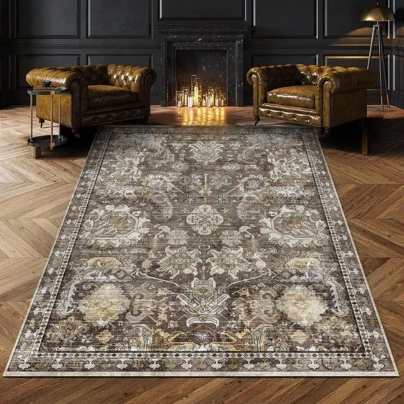 3' x 5' Washable Area Rug, Vintage Tribal, Non-Slip, Pet & Child Friendly, Ivory