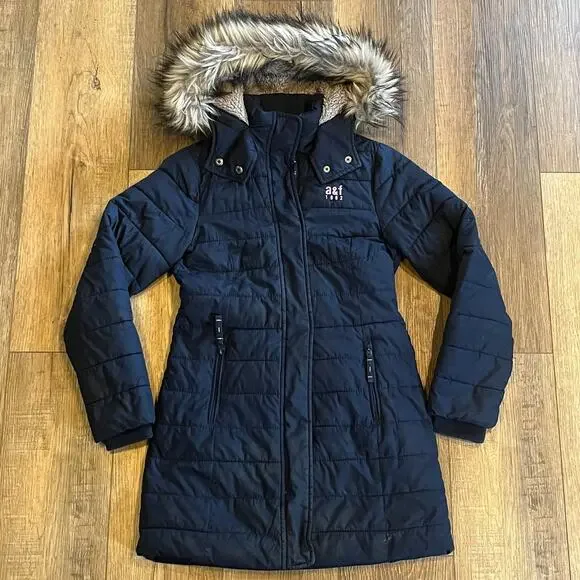 VTG Y2K Abercrombie Kids Puffer Jacket 11/12 Collar Faux Fur Hood Lined Blue EUC