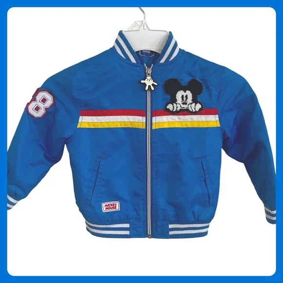 Retro Blue Mickey Mouse Bomber Jacket Racing‎ Stripes Patch Zip Up Kids Size 4T