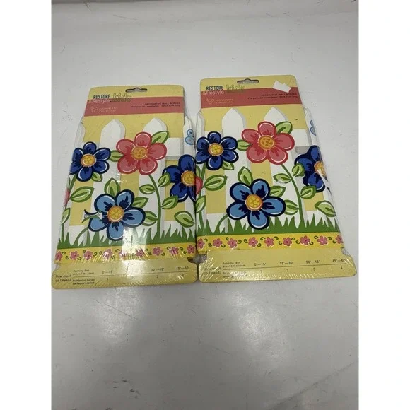 Vtg Restore & Restyle Kids Wall Border White Picket Fence Flowers 2 Packs 30ft