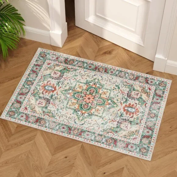 2x3 Vintage Entryway Rug, Washable Non-Slip Small Area Rug for Room, Cream/Green