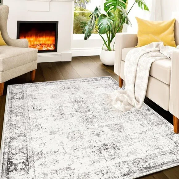 New 3x5 White Cream/Grey Area Rug, Washable, Non-Slip, Kid & Pet Friendly
