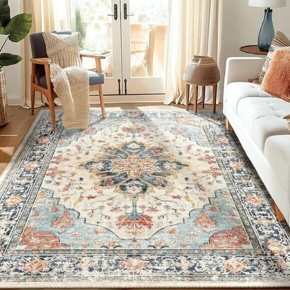 New 5x7 Washable Non-Slip Floral Vintage Rug Medallion Carpet - Beige Navy