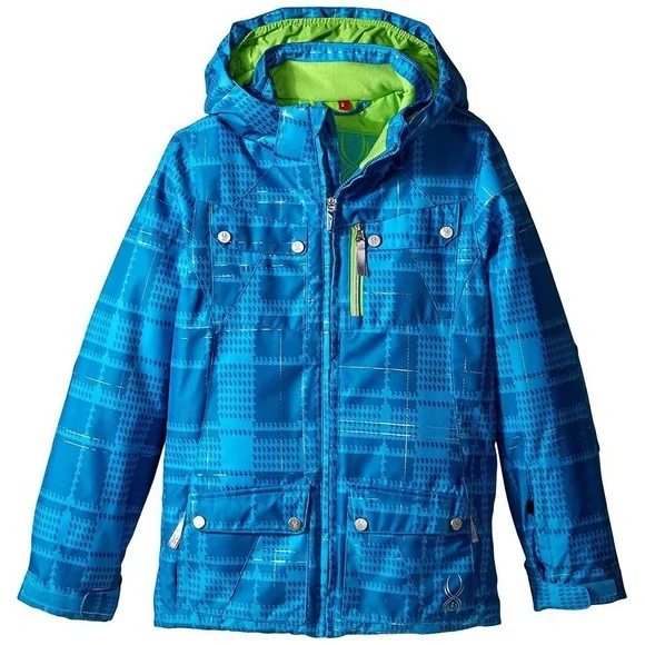 Spyder Girls Evar Ski Jacket Size 12 Riviera Checkered Plaid Print/Green Flash