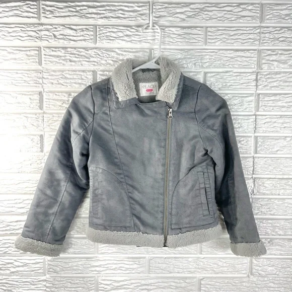 The Children’s Place Girls Grey Faux Suede Jacket with Faux Fur Trim Medium 7/8