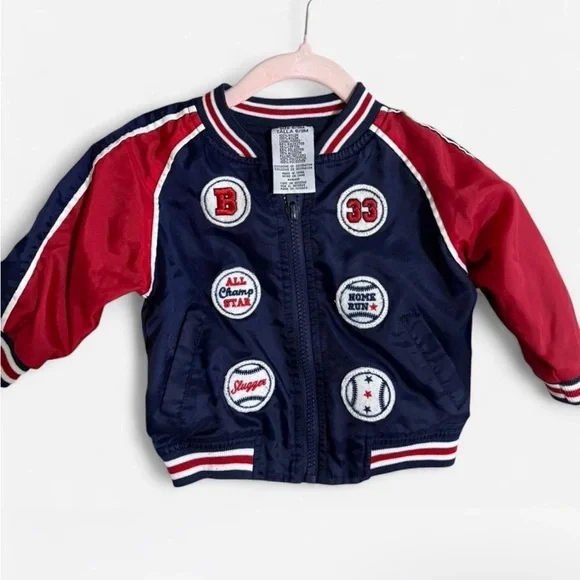 VINTAGE 1980s 90s Toddler Nylon Baseball Jacket Coat red & blue 6/9 Months 6-9