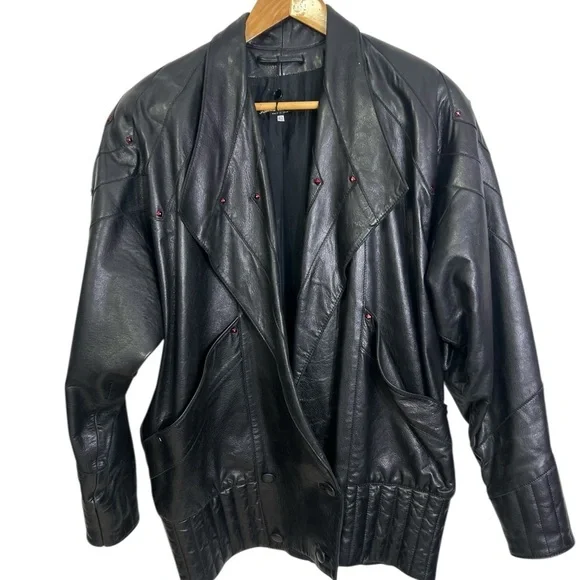 Vintage Junko Koshino Black Leather Jacket Red Glass Studs Shoulder Pads Men 42