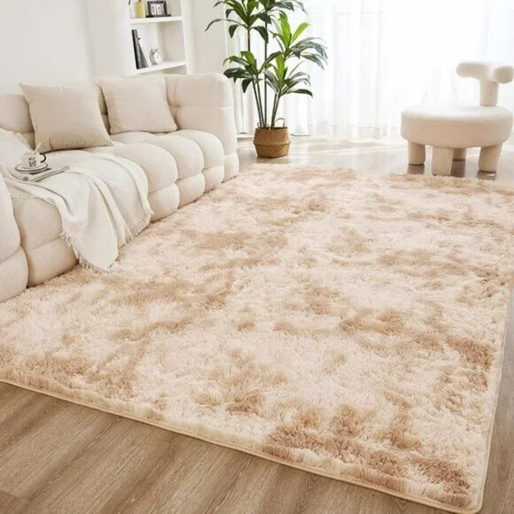 New 5x8 Shag Area Rug – Tie-Dyed Beige High Pile Soft Plush Rug for Bedroom