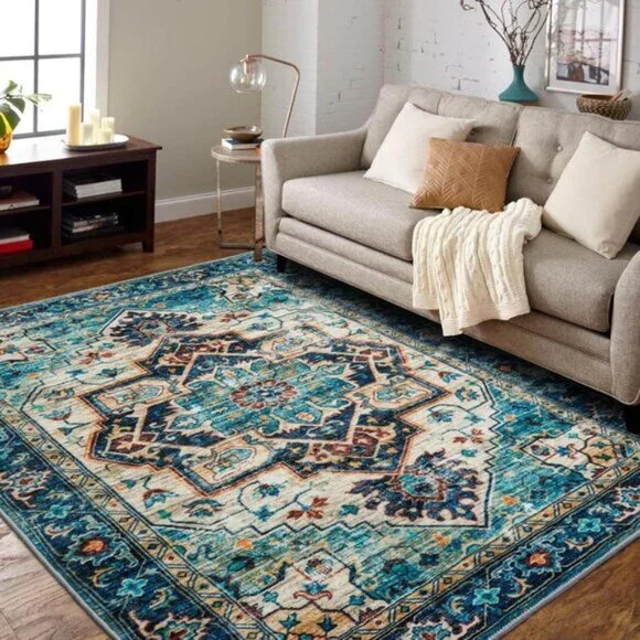 New 5x7 Vintage Area Rug, Washable Low-Pile Non-Slip Carpet for Home & Office