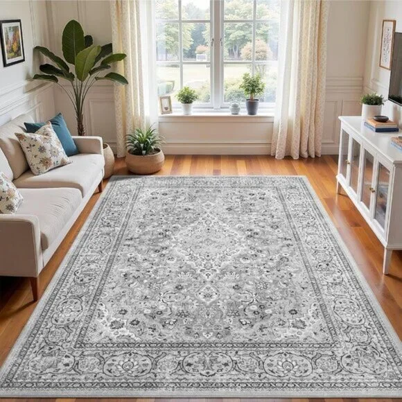 New 4x6 Grey Boho Area Rug, Washable Vintage Non-Slip Carpet for Home & Room