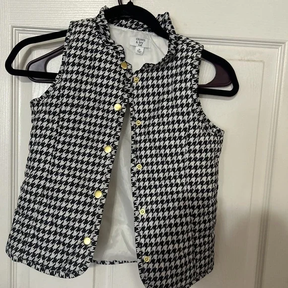 New Crown And Ivy Kids Vest Houndstooth Snap Quilted Black & White Size‎ 6x